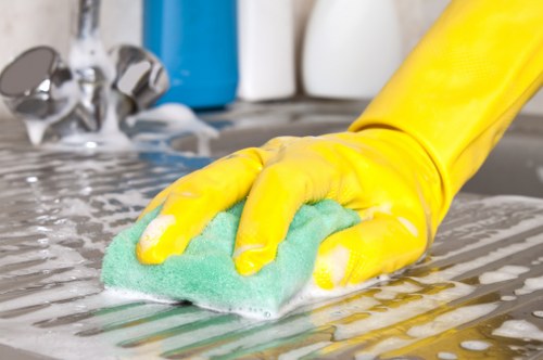 Domestic cleaner working in a Shepherdsbush kitchen and living area
